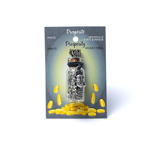 Fiole cadeau en verre sur corde pyrite et grenouille feng shui -- 3,6 cm