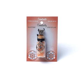 Fiole cadeau en verre sur corde pierre de soleil et graine de vie -- 3,6 cm