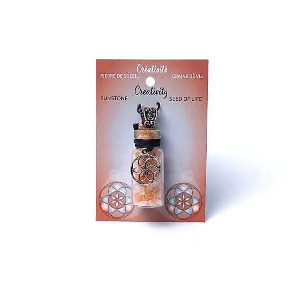 Fiole cadeau en verre sur corde pierre de soleil et graine de vie -- 3,6 cm