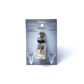 Fiole cadeau en verre sur corde pierre de lune arc-en-ciel et symbole de déesse - 3,6 cm
