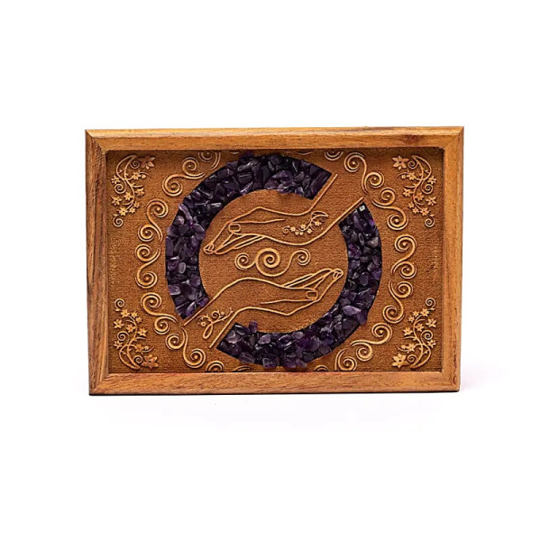 Boîte à tarot ou à bijoux mains guérisseuses améthyste -- 18x12.5x5.5cm