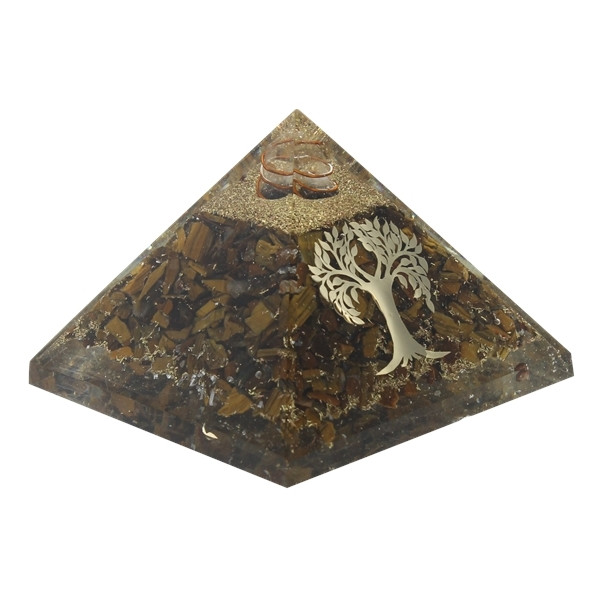 Pyramide Orgonite Oeil de Tigre avec Symbole Arbre de Vie