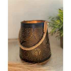 Photophore Rond Base Bois Sangle Jute - 15 x 18 cm