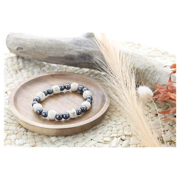 Bracelet Hématite Perles rondes 8 mm et Perles bois 1 cm