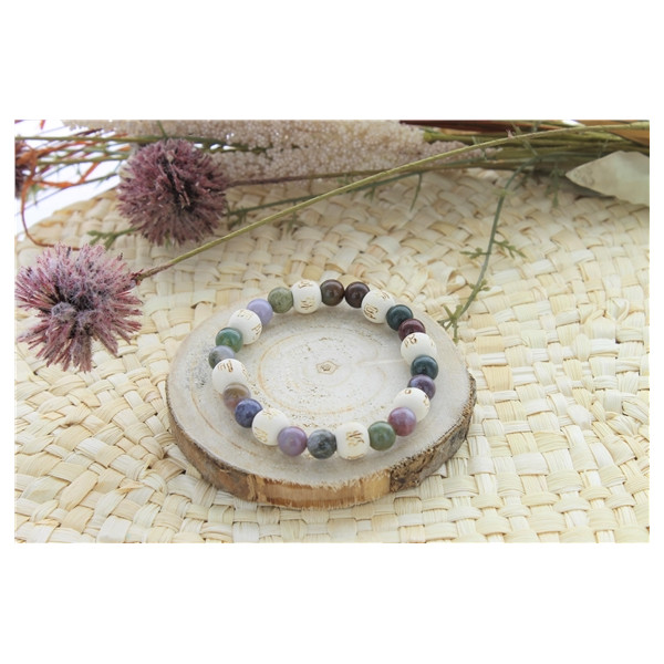 Bracelet Agate Multicolore Perles rondes 8 mm et Perles bois 1 cm
