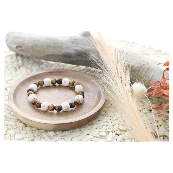 Bracelet Oeil de tigre Perles rondes 8 mm et Perles bois 1 cm