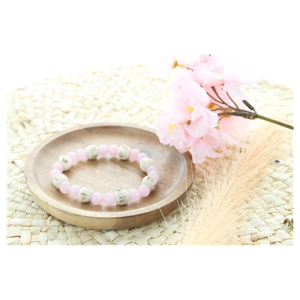 Bracelet Quartz rose Perles rondes 8 mm et Perles bois 1 cm