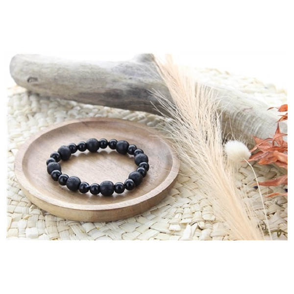 Bracelet Onyx Perles rondes 8 mm et Perles bois teinté noir 1 cm