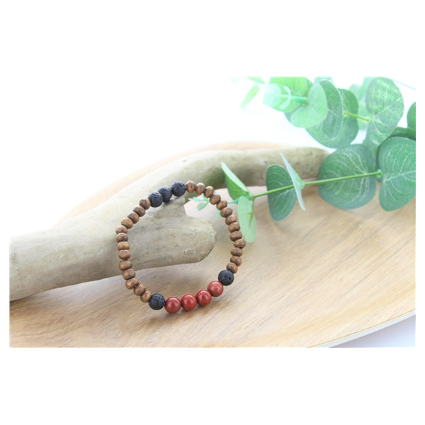 Bracelet Bois, Jaspe Rouge et Pierre de lave Perles rondes 8 mm