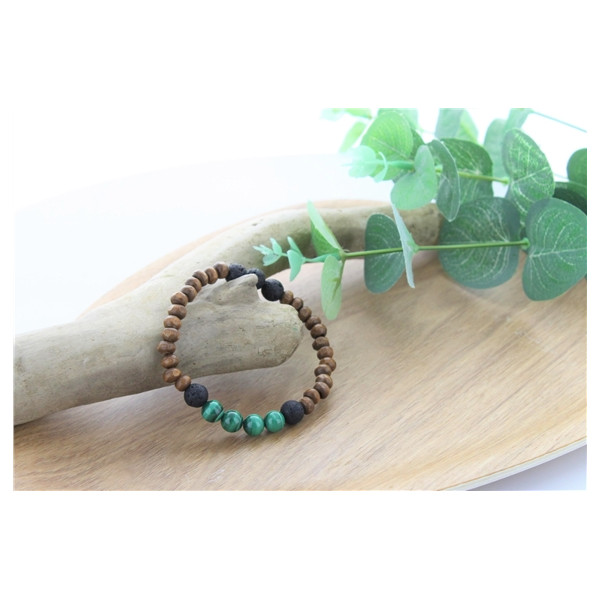 Bracelet Bois, Malachite et Pierre de lave Perles rondes 8 mm