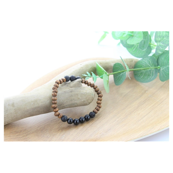 Bracelet Bois, Tourmaline et Pierre de lave Perles rondes 8 mm