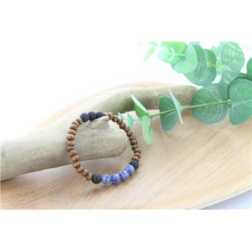 Bracelet Bois, Sodalite et Pierre de lave Perles rondes 8 mm