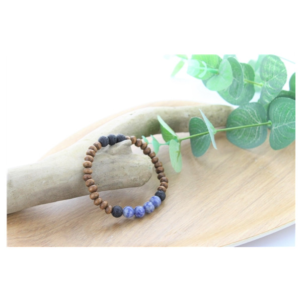 Bracelet Bois, Sodalite et Pierre de lave Perles rondes 8 mm