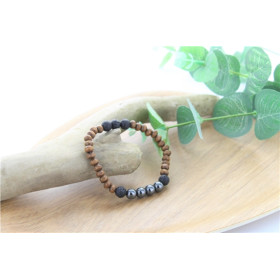 Bracelet Bois, Hématite et Pierre de lave Perles rondes 8 mm