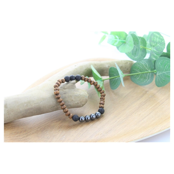 Bracelet Bois, Hématite et Pierre de lave Perles rondes 8 mm