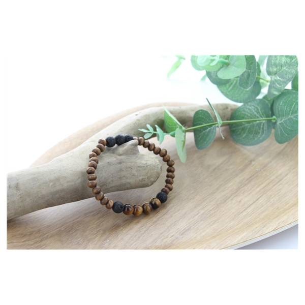 Bracelet Bois, Oeil de Tigre et Pierre de lave Perles rondes 8 mm