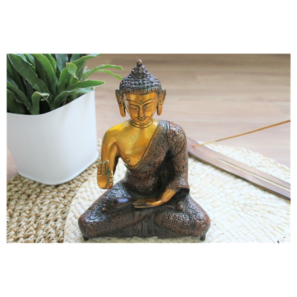 Statuette Bouddha Abhaya Mudra en Laiton orange antique 20 cm