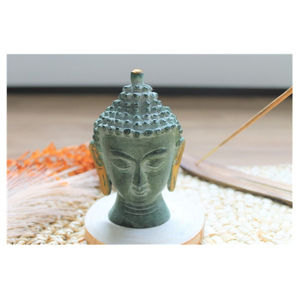 Statuette Tête de Bouddha en Laiton vert antique 11.5 cm