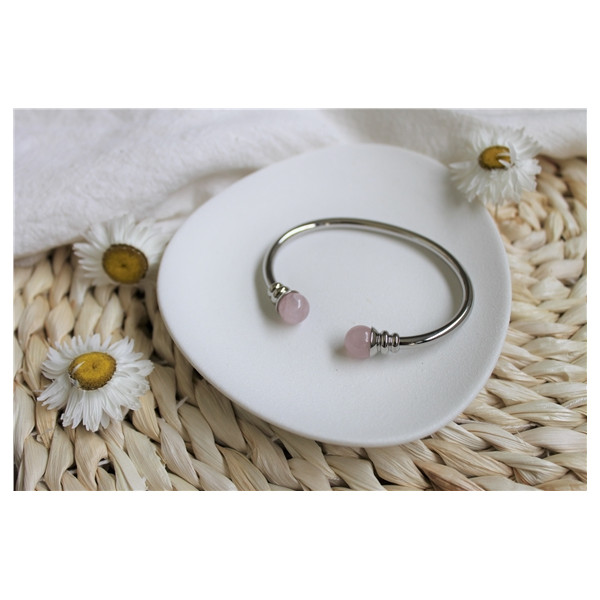 Bracelet cuivre avec Aimants Jonc Métal argenté Perles Quartz Rose