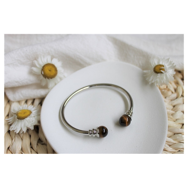 Bracelet cuivre avec Aimants Jonc Métal argenté Perles il de Tigre