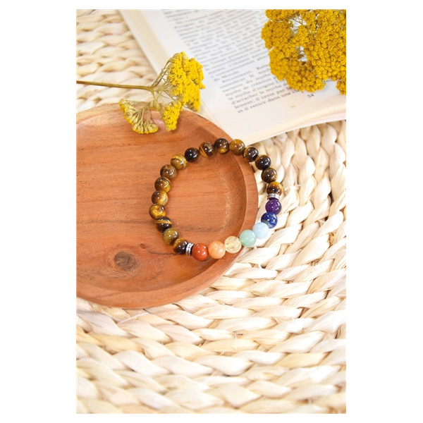 Bracelet 7 Chakras Oeil de tigre Perles rondes 8 mm