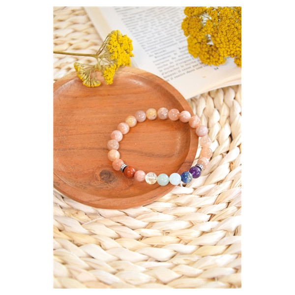 Bracelet 7 Chakras Pierre de soleil Perles rondes 8 mm