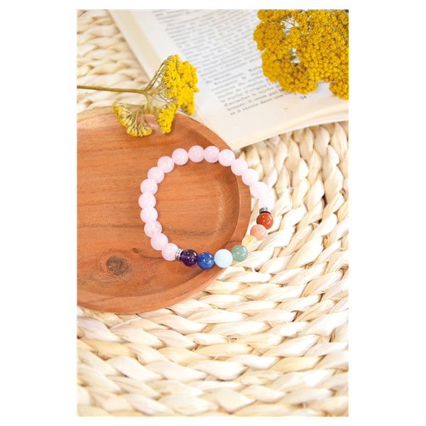 Bracelet 7 Chakras Quartz rose Perles rondes 8 mm
