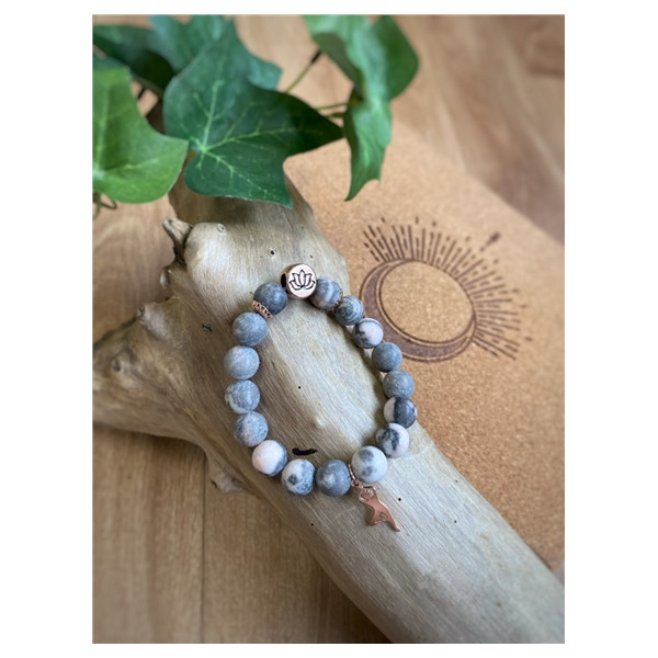 Bracelet Jaspe Rose Zébré Perles rondes 10 mm Breloque Yoga Arbre