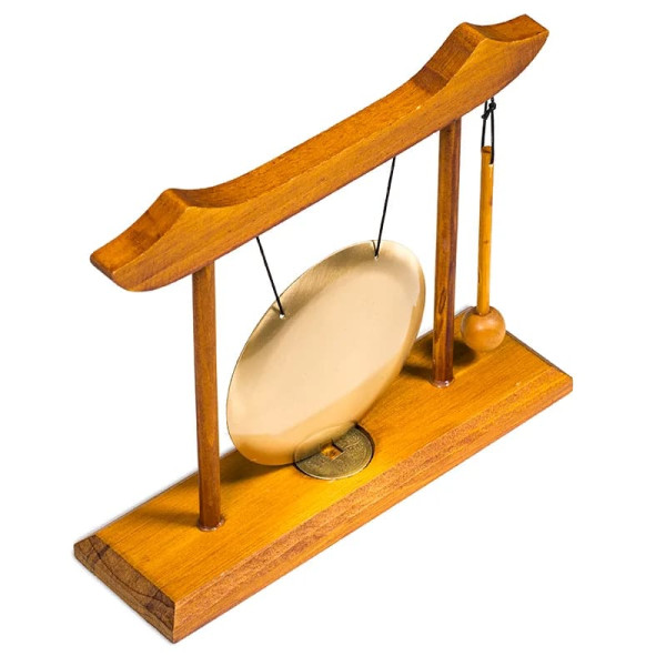 Gong de Table - structure bois rouge gong doré -- 25x22 cm