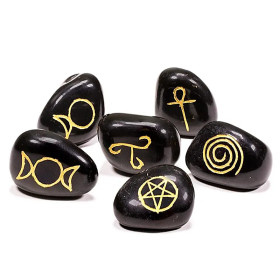 Symboles Wicca agate noire SET de 6 -- 3.3x2.3 cm