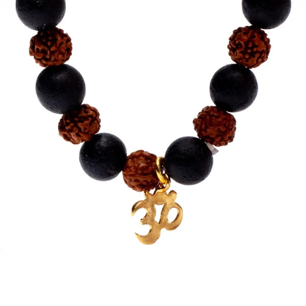 Bracelet Rudraksha/Pierre de lave avec Om - élastiqué  -- 0.8cm；9cm