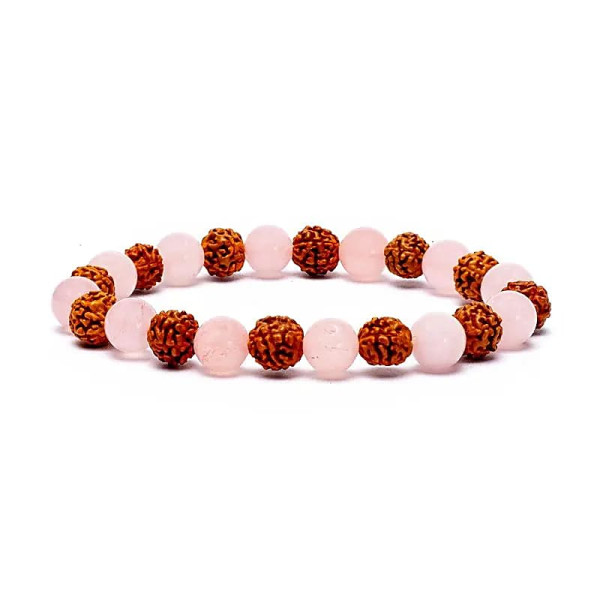 Bracelet Rudraksha / Quartz Rose élastiqué  -- 0.8 cm；8 cm