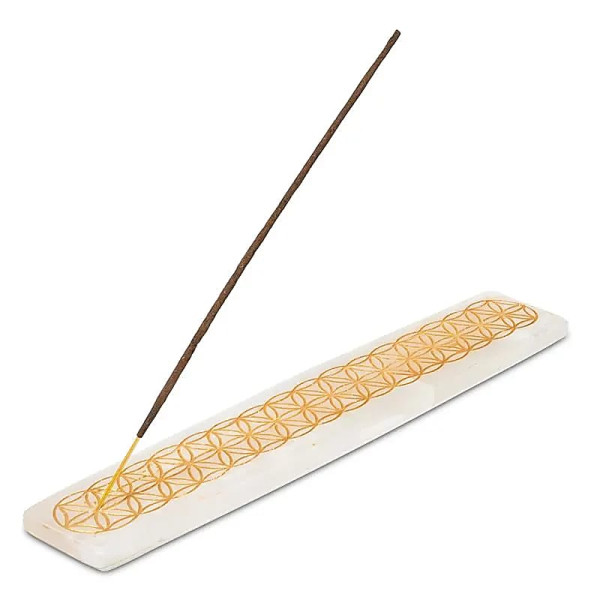 Porte-encens selenite avec Fleur de vie -- 225 g