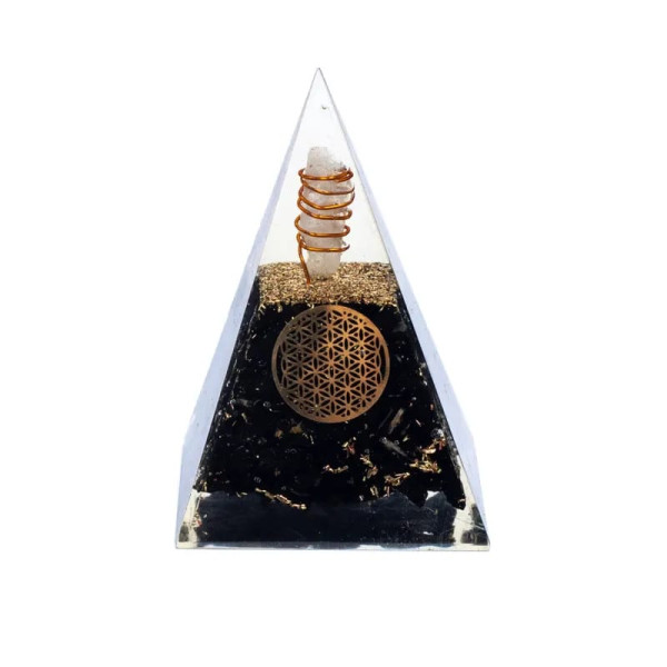 Orgonite Pyramide tourmaline fleur de vie -- 5x5x8cm