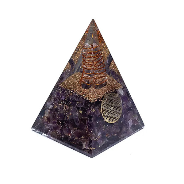Orgonite Pyramide améthyste fleur de vie -- 5x5x8 cm