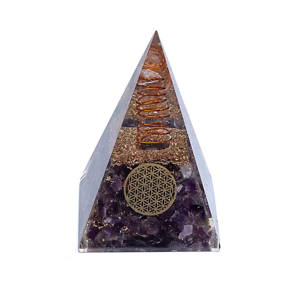 Orgonite Pyramide améthyste fleur de vie -- 5x5x8 cm