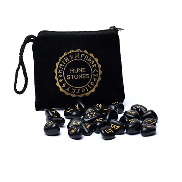 SET Rune Oracle en agate noire dans une pochette en velours -- 215g