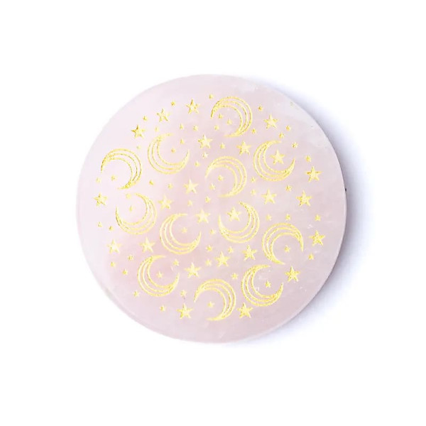 Disque minéral gravé quartz rose lunes et étoiles -- ±5cm