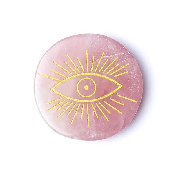 Disque minéral gravé en quartz rose œil qui voit tout -- ±5 cm