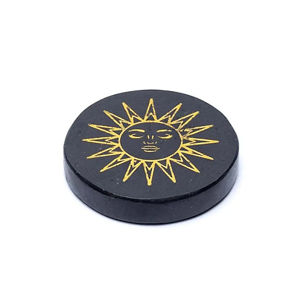 Disque minéral gravé tourmaline noire Soleil -- ±5cm