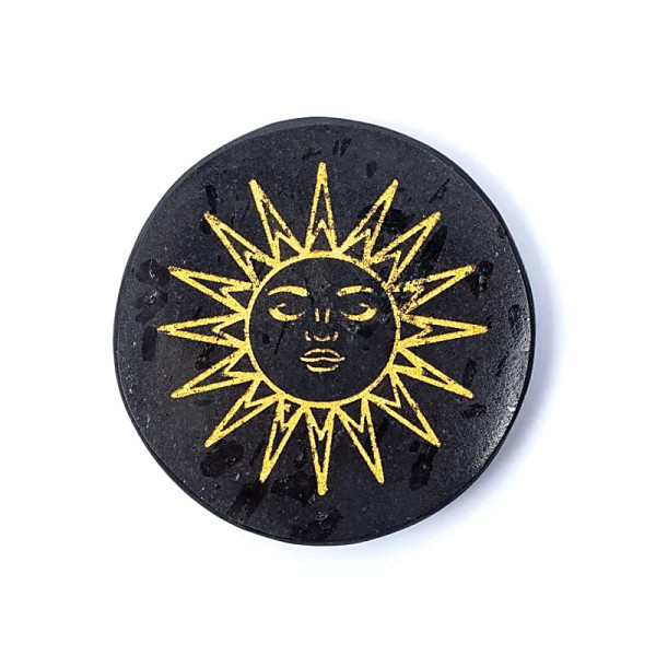 Disque minéral gravé tourmaline noire Soleil -- ±5cm