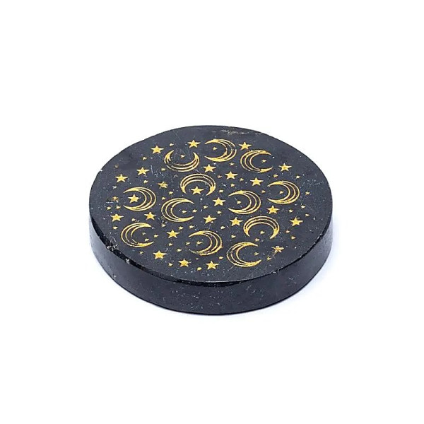 Disque minéral gravé tourmaline noire lunes et étoiles -- ±5cm
