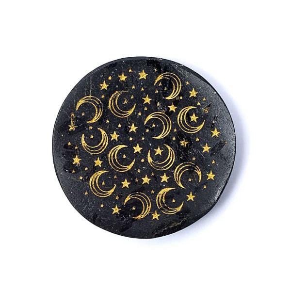 Disque minéral gravé tourmaline noire lunes et étoiles -- ±5cm