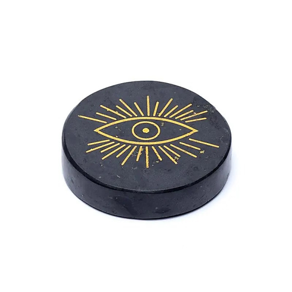 Disque minéral gravé tourmaline noire oeil qui voit tout -- ±5cm