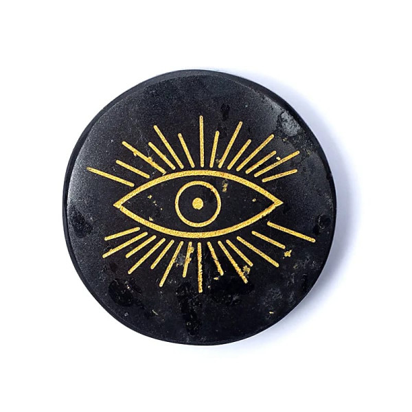 Disque minéral gravé tourmaline noire oeil qui voit tout -- ±5cm
