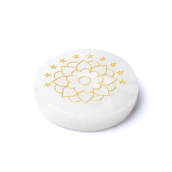 Disque minéral gravé en cristal de roche lotus -- ±5cm