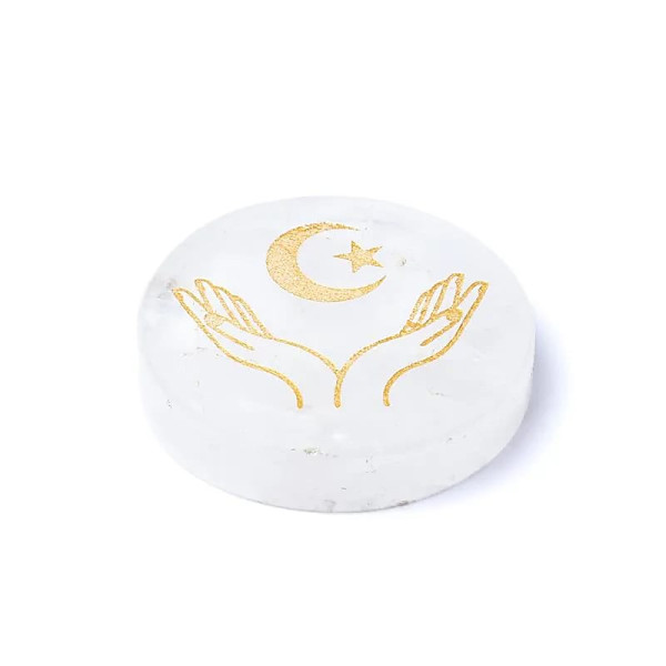 Disque minéral gravé cristal de roche mains, lune et étoile -- ±5cm
