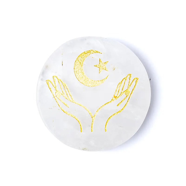 Disque minéral gravé cristal de roche mains, lune et étoile -- ±5cm