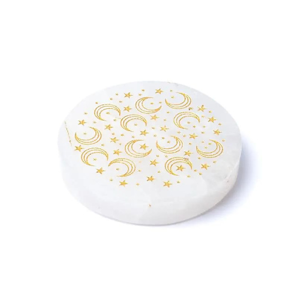 Disque minéral gravé en cristal de roche lunes et étoiles -- ±5 cm