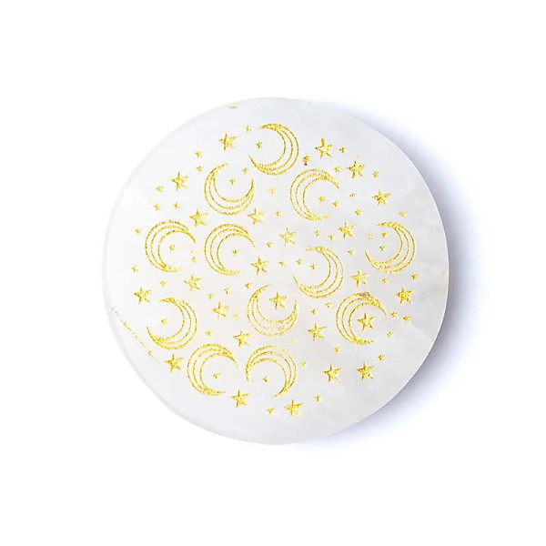 Disque minéral gravé en cristal de roche lunes et étoiles -- ±5 cm